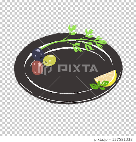 オリーブとレモンとハーブのあしらいと黒皿のセット（盛り付け完成図） 137581338