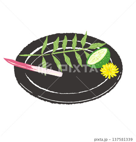 木の芽とはじかみとすだちのあしらいと黒皿（盛り付け完成図） 137581339