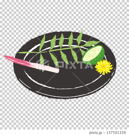 木の芽とはじかみとすだちのあしらいと黒皿（盛り付け完成図） 137581339