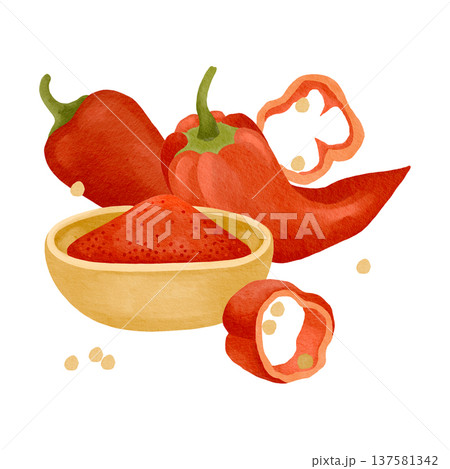 Hand-drawn watercolor hot chili pepper, chili powder, seeds and sliced pepper ready to use composition for product design 137581342