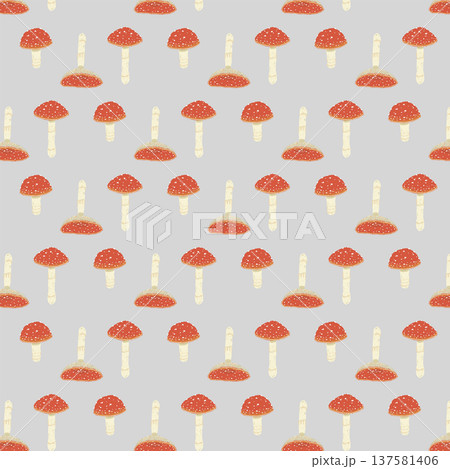 ベニテングダケのシームレスパターン背景イラスト（互い違い・グレー） 137581406