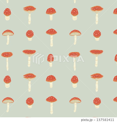 ベニテングダケのシームレスパターン背景イラスト（幼菌・グレー） 137581411