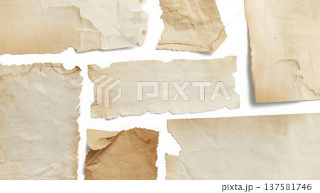 Various pieces of old torn paper with stains are scattered across a white background creating a vintage and textured effect for designs. Various pieces of old torn paper with stains are scattered across a white background creating a vintage and textured effect for designs. 137581746