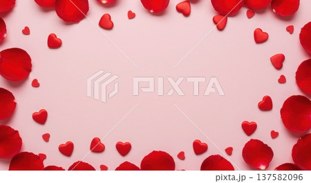 Red rose petals and candy hearts create a lovely border on a soft pink background, ideal for expressing love and romance du Valentine's Day. Red rose petals and candy hearts create a lovely border on a soft pink background, ideal for expressing love and romance du Valentine's Day. 137582096