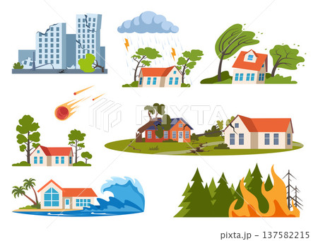 Natural disasters, damage catastrophe cataclysm scenes. Earth damage disaster collection. Vector illustration. Natural disasters, damage catastrophe cataclysm scenes. Earth damage disaster collection. Vector illustration. 137582215