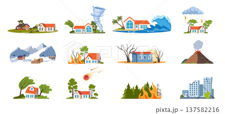 Natural disasters, damage catastrophe cataclysm scenes. Earth damage disaster collection. Vector illustration. 137582216