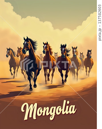 A group of horses is running across an open plain in Mongolia. The scene shows dust rising as the horses move swiftly. The sky is bright with clouds. 137582603