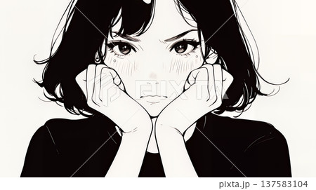 嫉妬の表情を浮かべる若い女性（シンプルな色使い） 137583104