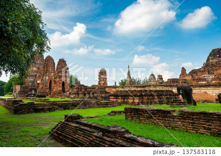 Ancient stupa towers in Ayutthaya historical park, Thailand. Ruins of former Siam capital under blue sky on sunny day. Famous travel destination with cultural heritage and Buddhist history. Ancient stupa towers in Ayutthaya historical park, Thailand. Ruins of former Siam capital under blue sky on sunny day. Famous travel destination with cultural heritage and Buddhist history. 137583118