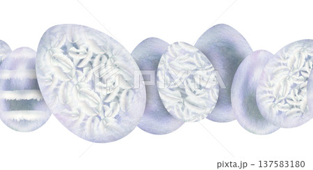 Easter seamless border with a snow silver egg ornament. Vintage, decorative, festive watercolor pattern holiday designs, greeting cards, wrapping paper, invitations, packaging, and spring decor Easter seamless border with a snow silver egg ornament. Vintage, decorative, festive watercolor pattern holiday designs, greeting cards, wrapping paper, invitations, packaging, and spring decor 137583180