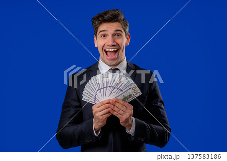 Happy Excited Businessman With Cash Money - Usd Currency Dollars Banknotes Happy Excited Businessman With Cash Money - Usd Currency Dollars Banknotes 137583186