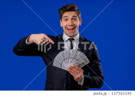 Happy Excited Businessman With Cash Money - Usd Currency Dollars Banknotes 137583195