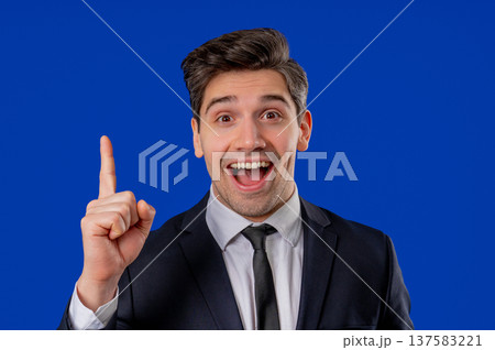 Genius Idea. Resourceful 30S Aged Businessman.eureka Moment,Pointing Finger Up Genius Idea. Resourceful 30S Aged Businessman.eureka Moment,Pointing Finger Up 137583221