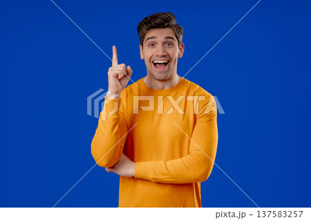 Genius Idea. Resourceful 30S Aged Man Has Eureka Moment, Pointing Finger Up, Remember What He forgot. Memory concept. Genius Idea. Resourceful 30S Aged Man Has Eureka Moment, Pointing Finger Up, Remember What He forgot. Memory concept. 137583257