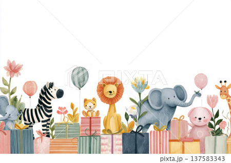 Animal friends enjoy a fun time as they gather around colorful gift boxes and flowers, sharing smiles and friendship in a bright setting 137583343
