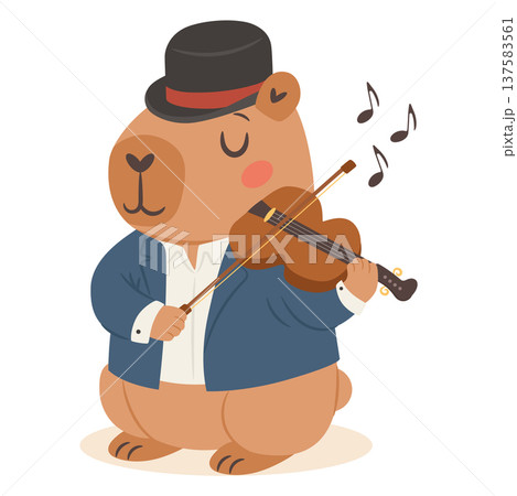 Cute capybara jazz musician playing violin in a vintage jazz band cartoon illustration 137583561