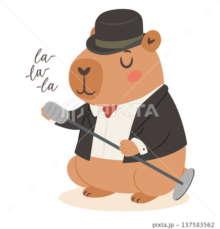 Cute capybara jazz singer performing with microphone in a vintage jazz band cartoon illustration 137583562