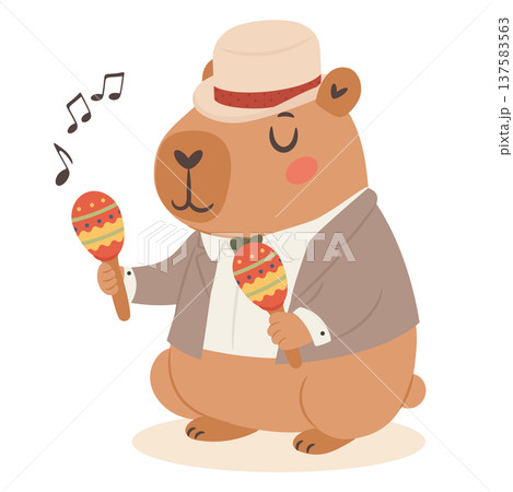 Cute capybara jazz musician playing maracas in a vintage jazz band cartoon illustration 137583563