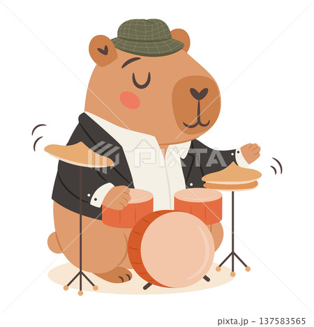 Cute capybara jazz musician playing drumset in a vintage jazz band cartoon illustration 137583565
