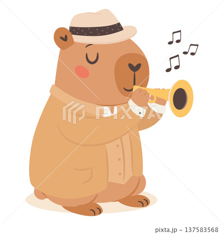 Cute capybara jazz musician playing trumpet in a vintage jazz band cartoon illustration Cute capybara jazz musician playing trumpet in a vintage jazz band cartoon illustration 137583568
