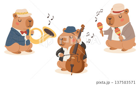 Cute cartoon oldschool capybaras jazz band set 137583571
