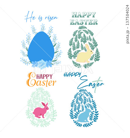 A set of Easter cards with an egg, bunny and flowers. The inscriptions read He is risen, Happy Easter A set of Easter cards with an egg, bunny and flowers. The inscriptions read He is risen, Happy Easter 137584024