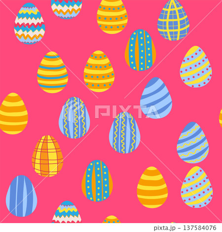 Seamless pattern with Easter eggs, Dymkovo toy design. A cute patterned eggs with polka dots and stripes 137584076