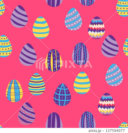 Seamless pattern with Easter eggs, Dymkovo toy design. A cute patterned eggs with polka dots and stripes Seamless pattern with Easter eggs, Dymkovo toy design. A cute patterned eggs with polka dots and stripes 137584077