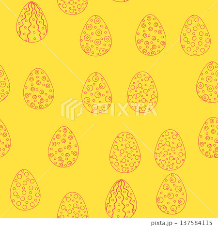 Seamless pattern with Easter eggs, outline design. A vibrant seamless background for Easter designs, featuring cute patterned eggs with polka dots 137584115