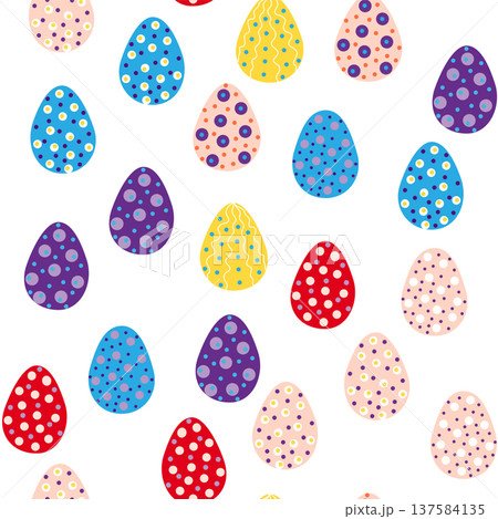 Seamless pattern with Easter eggs, Dymkovo toy design. A cute patterned eggs with polka dots and stripes 137584135