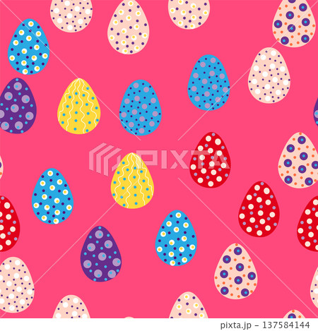 Seamless pattern with Easter eggs, Dymkovo toy design. A cute patterned eggs with polka dots and stripes Seamless pattern with Easter eggs, Dymkovo toy design. A cute patterned eggs with polka dots and stripes 137584144