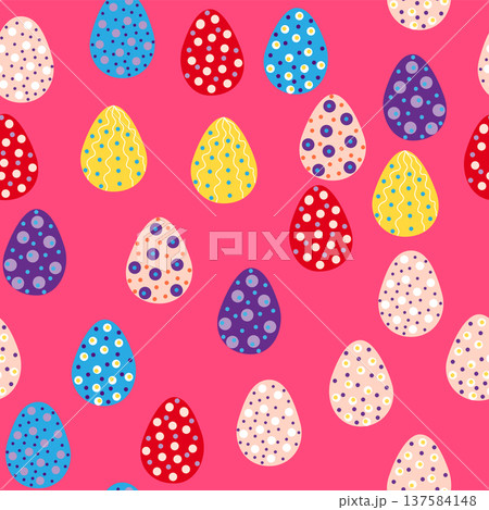 Seamless pattern with Easter eggs, Dymkovo toy design. A cute patterned eggs with polka dots and stripes Seamless pattern with Easter eggs, Dymkovo toy design. A cute patterned eggs with polka dots and stripes 137584148