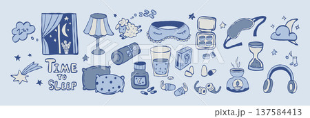 Sleep Accessories and Insomnia Relief Set. Eye Mask, Pillows, Earplugs, Hourglass and Headphones. Time Night Relaxation Home Spa and Self Care. Isolated Blue hand-drawn. Vector Illustration Sleep Accessories and Insomnia Relief Set. Eye Mask, Pillows, Earplugs, Hourglass and Headphones. Time Night Relaxation Home Spa and Self Care. Isolated Blue hand-drawn. Vector Illustration 137584413