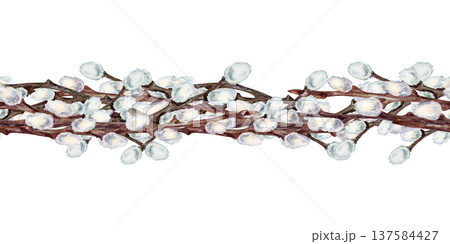 Watercolor floral border with pussy willow branches in soft pastel tones. Spring seamless pattern isolated on white background for Easter, wedding, greeting card, invitation, holiday decor, packaging Watercolor floral border with pussy willow branches in soft pastel tones. Spring seamless pattern isolated on white background for Easter, wedding, greeting card, invitation, holiday decor, packaging 137584427