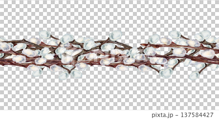 Watercolor floral border with pussy willow branches in soft pastel tones. Spring seamless pattern isolated on white background for Easter, wedding, greeting card, invitation, holiday decor, packaging Watercolor floral border with pussy willow branches in soft pastel tones. Spring seamless pattern isolated on white background for Easter, wedding, greeting card, invitation, holiday decor, packaging 137584427
