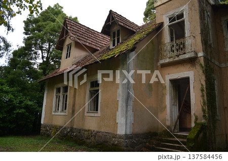 An old, abandoned country house surrounded by dense greenery and trees. Concepts of abandonment, decay, forgotten places, nature reclaiming buildings, and urban exploration. 137584456