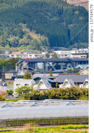 山並みを背景にしたゆふいん駅と街並み 山並みを背景にしたゆふいん駅と街並み 137584579