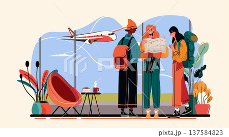 Travelers airport terminal airplane window backpacks map lounge plants modern flat design colorful background website banner Travelers airport terminal airplane window backpacks map lounge plants modern flat design colorful background website banner 137584823