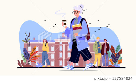 University student campus life people walking autumn building coffee books outdoor scene plants birds modern flat design 137584824