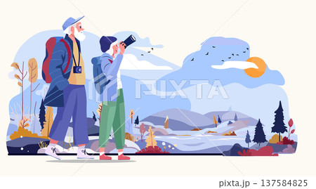 Senior couple hiking nature landscape adventure outdoor exploration mountains forest birds backpacks camera sunset colorful scenery 137584825