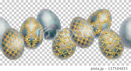 Seamless watercolor Easter egg border with ornate gold ornament, soft texture. Luxury vintage decorative pattern for holiday design, greeting card, wrapping paper, invitations, packaging, spring decor 137584855