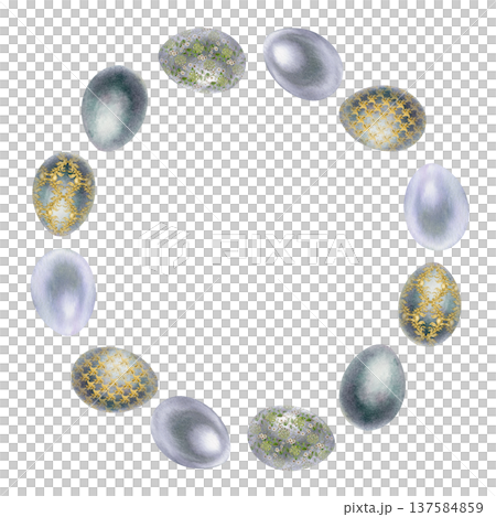 Elegant circular frame made of decorative watercolor Easter eggs. Modern spring composition with empty space for text, perfect for greeting cards, invitations and festive design. 137584859