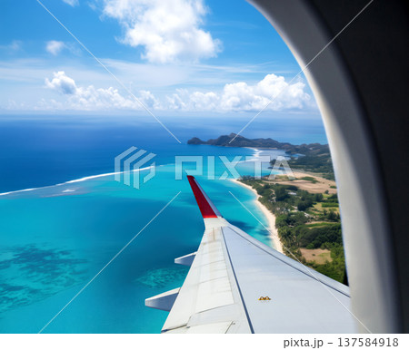 A stunning aerial view of a beautiful turquoise beach and pristine coastline seen from an airplane porthole 137584918