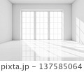 Empty white room interior with large windows and bright morning sunlight falling on the glossy floor for modern minimalist office or home interior mockup. 137585064