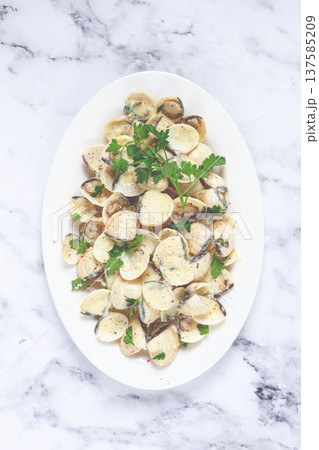vongole clams, in cream sauce, on a white plate, homemade, top view, no people, vongole clams, in cream sauce, on a white plate, homemade, top view, no people, 137585209