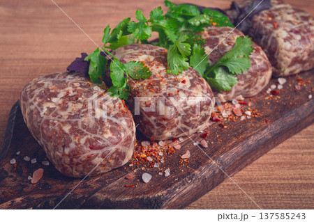raw apkhazura, a dish of Georgian cuisine, meat balls, minced meat wrapped in a fat net, seftalia, homemade, no people, 137585243