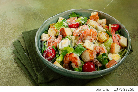 caesar salad, with tiger prawns, shrimp salad, lettuce, quail eggs, cherry tomatoes, parmesan cheese, no people, caesar salad, with tiger prawns, shrimp salad, lettuce, quail eggs, cherry tomatoes, parmesan cheese, no people, 137585259