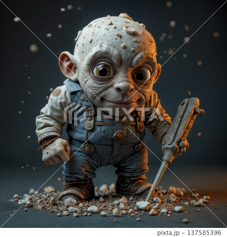 Cute fantasy goblin or alien mechanic character holding a screwdriver, wearing overalls and standing among small stones. Detailed 3D illustration of a funny creature with big eyes, cartoon style 137585396