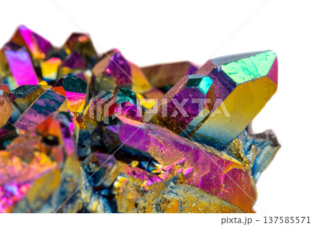 Macro mineral stone Titanium Quartz, Flame Aura Quartz on a white background 137585571