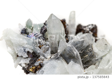 Macro mineral stone Drusus quartz with sphalerite in the rock a white background 137585643